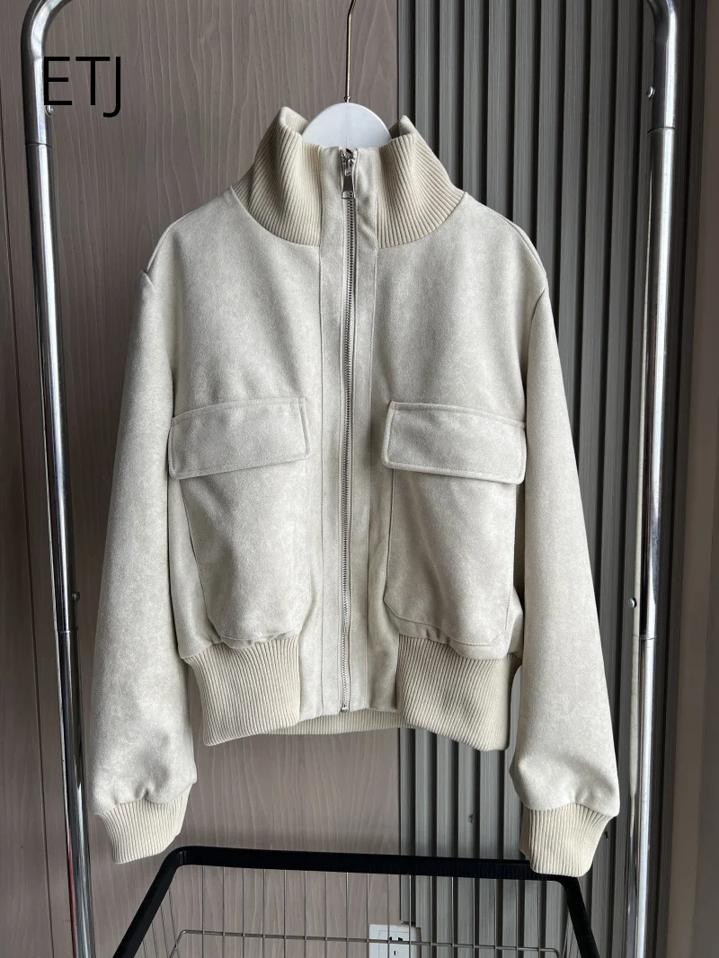 ETJ 2026 Damen Kunstwildlederjacke, kurze Fliegerjacke mit geripptem Saum, Cargotaschen, Reißverschluss, Stehkragen, Vintage-Herbstjacke – Detail 9