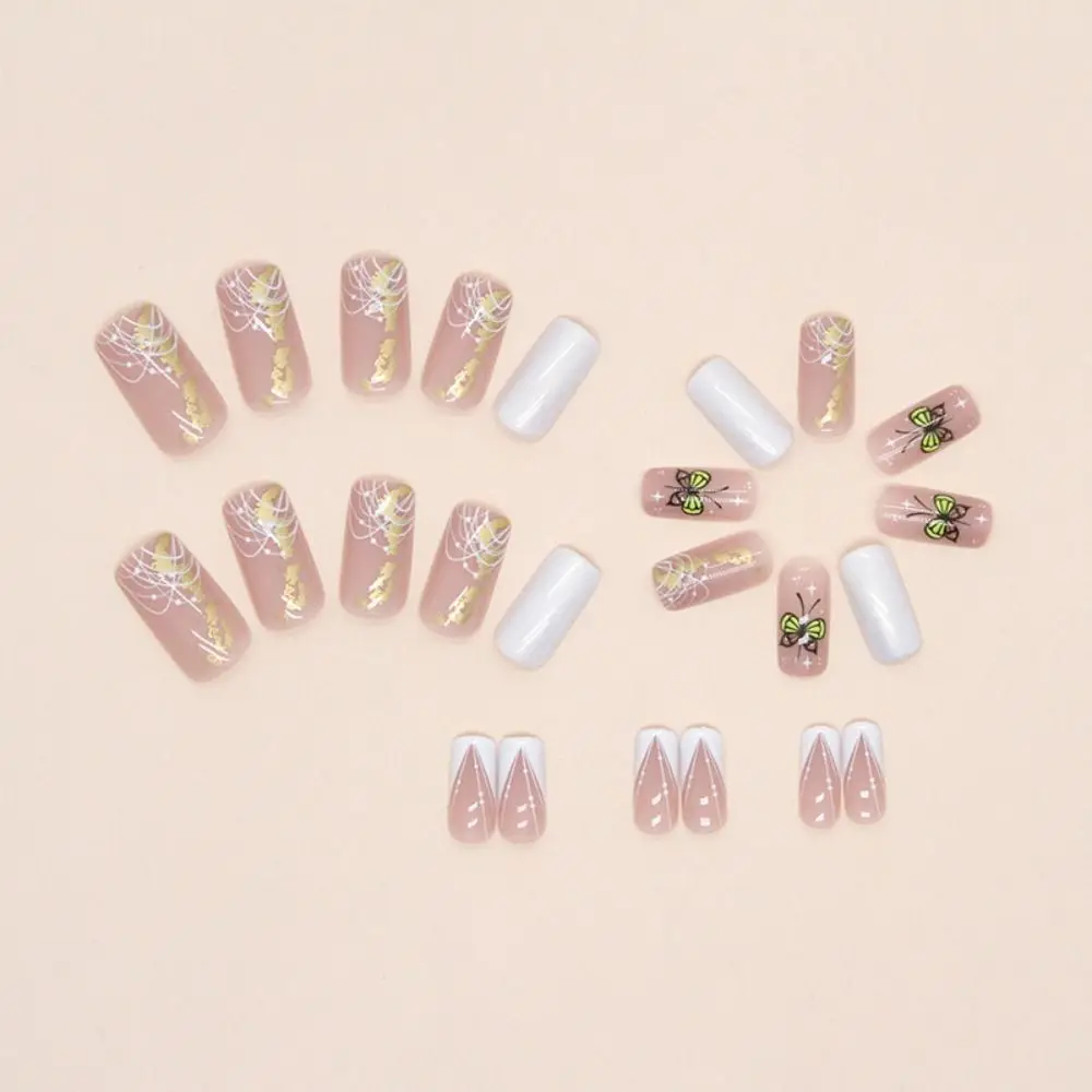 패션 롱 스퀘어 인조 손톱 프렌치 호일 가짜 Nials 오로라 분리형 프레스 온 네일 DIY