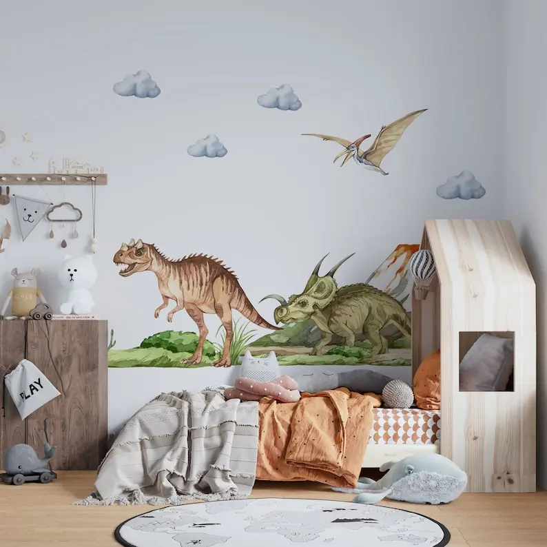 dinosaur wall decal big set, Jurassic World in boy room, dinosaur stickers, dinosaur wall art, kids wall sticker, dinosaur decor