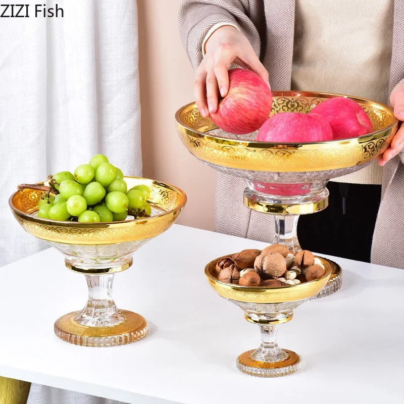 Golden Glass Tray Fruit Dish Desktop Storage Geometry Tall Feet Kitchen Storage Crystal Glass Plate Modern Home Decoration