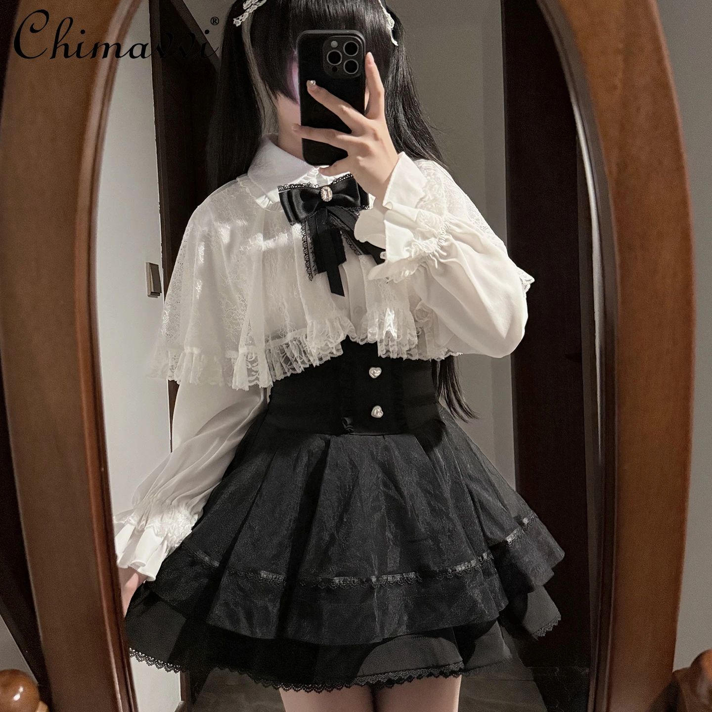 

Японская кружевная накидка массового производства, рубашка с длинными рукавами, топ, мини-юбка, комплект в стиле Лолиты, готический стиль, женские комплекты из двух предметов для девочек