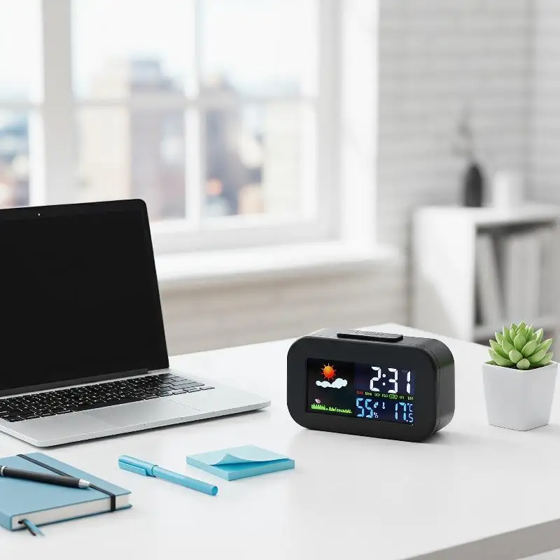 Advanced Weather Station Clock with Color Display Including Temp and Humidity Sensors for Efficient Home Management