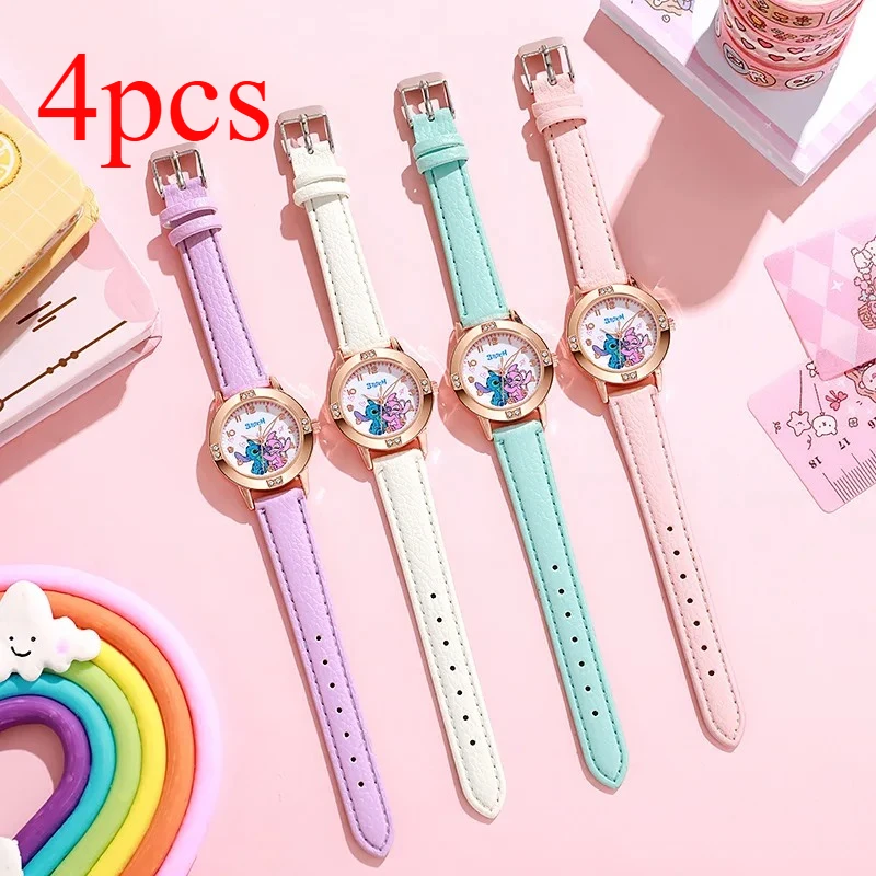 

4 шт., модные детские часы с мультяшным рисунком и стразами, детские часы с кожаным ремешком и циферблатом со стразами, изысканные часы reloj stich