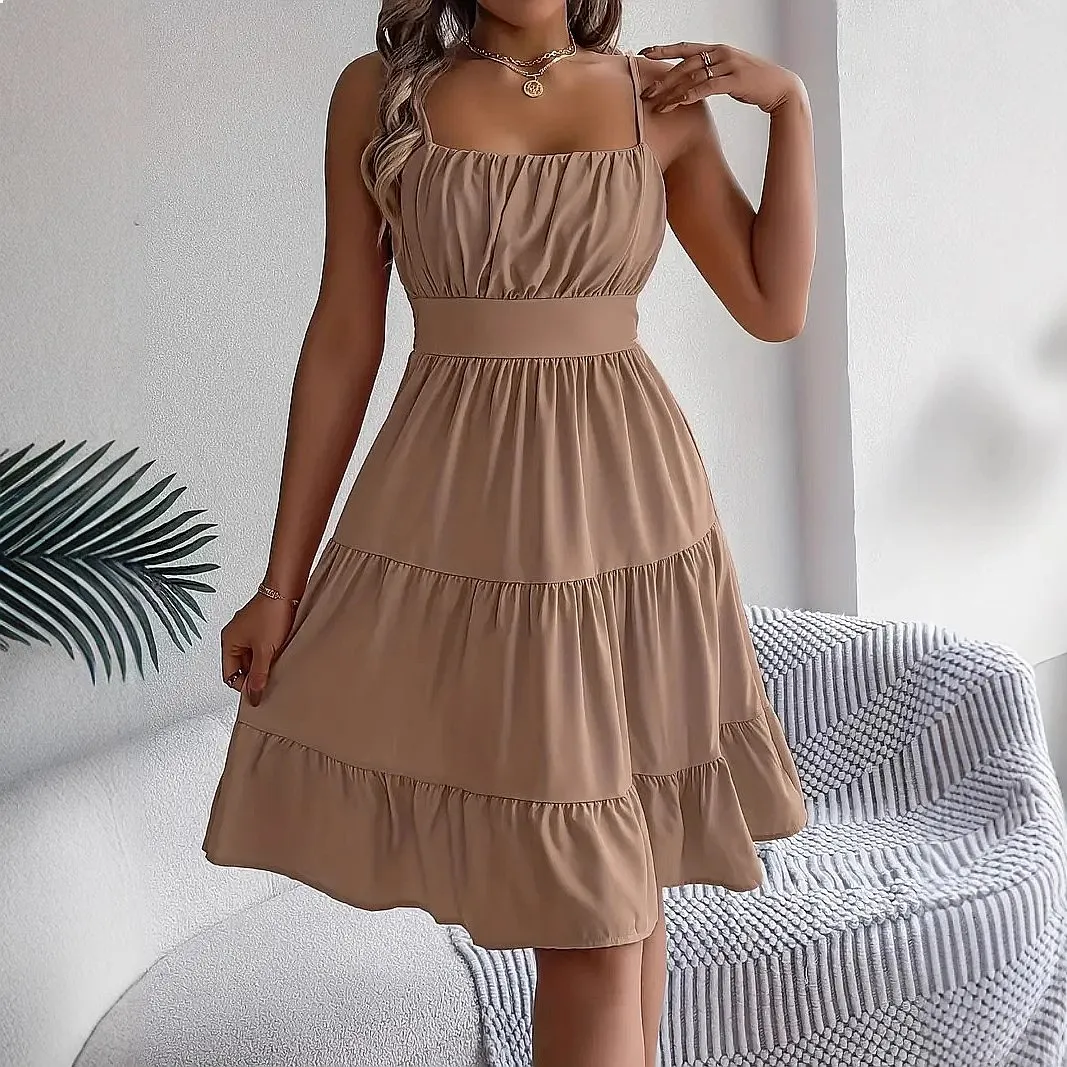 Women's Sleeveless Square Neck Smocked Layered Tiered Dress Jumpsuit Playsuit Spring Summer