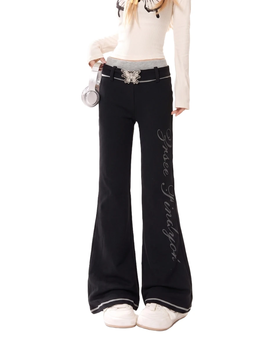 Fall 2026 Casual Pants Women's Black Contrast Color Waist Micro Flared Letter Print Slimming High Waist Cotton Blend Trousers