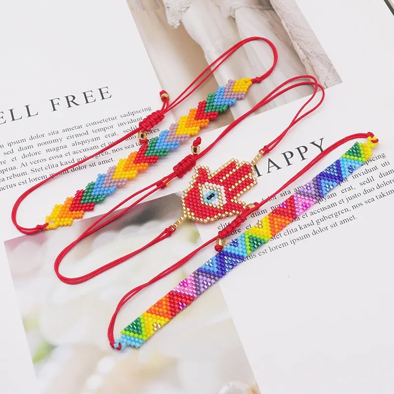 Bohemia Ethnic Style Adjustable Rice Bead Bracelet Set with Geometry Arrow Design Color Mixing Hand Woven Simplicity Beaded