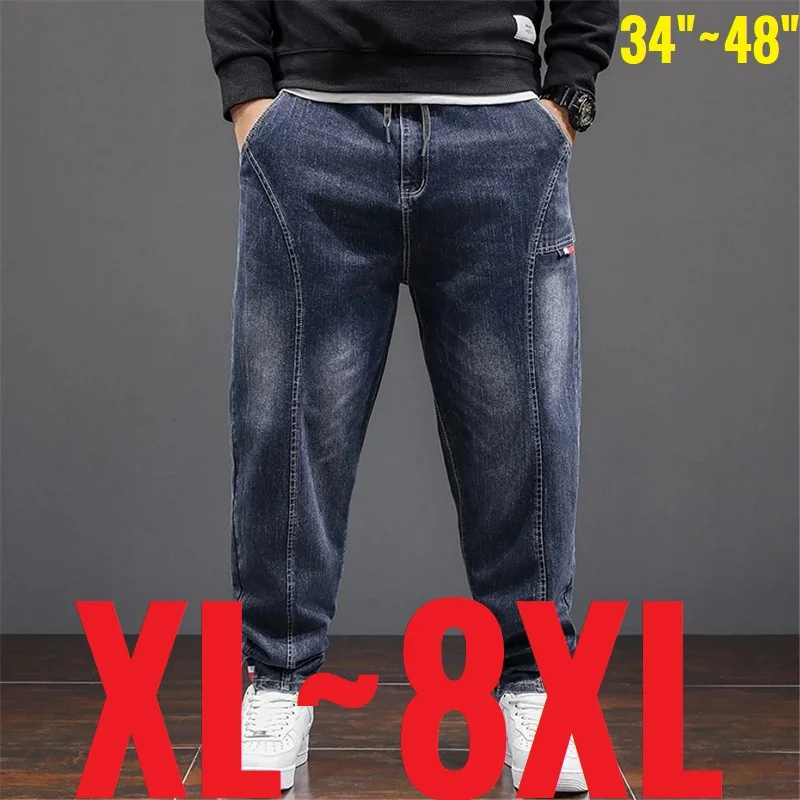 

Big Size Men's Jeans Elastic Waist Ankle Length Denim Jogger Pants Male High Stretch Spandex Extra Plus Large Fat 150kg 48 Harem