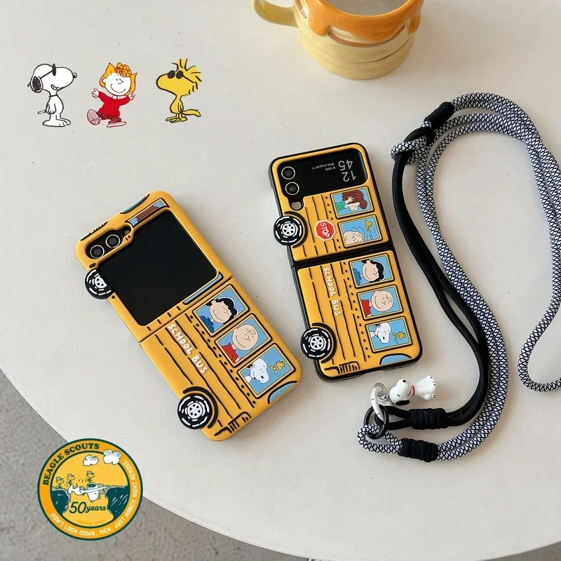 3D Cute Cartoon Peanuts Snoopy Charlie Brown Phone Case For Samsung Galaxy Z Flip 6 5 5G 4 3 Soft Silicone Cover With Lanyard