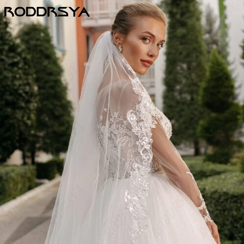 RODDRSYA Long Sleeve Wedding Dress Elegant Scoop A-line Floor Length For Women Illusion Button Back Custom Made Robe De Soirée