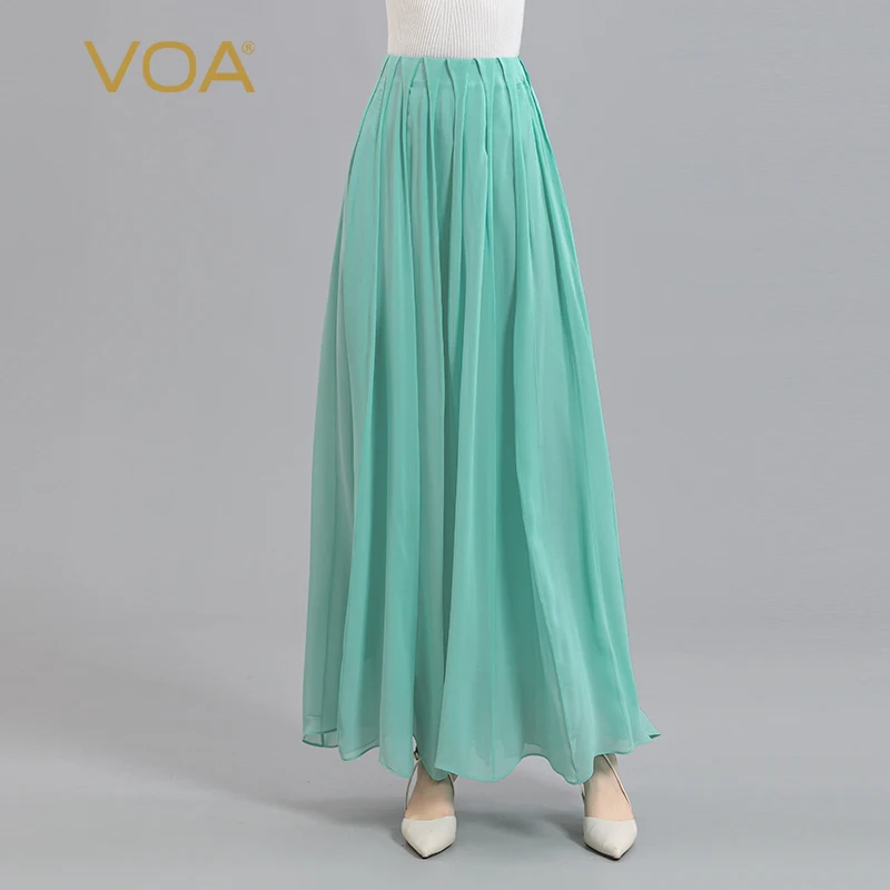 VOA 100% Pure Silk Georgette Natural Waist Invisible Side Zipper Double Pleated Large Swing Fresh Elegant Skirt Summer CE152