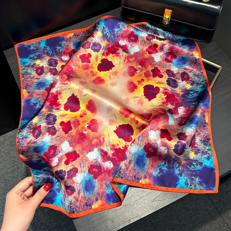 

100% Real Silk Scarf Luxury Kerchief Spring Autumn Tie-dye Rose Floral Oil Painting Neckerchief Brand Square Scarf