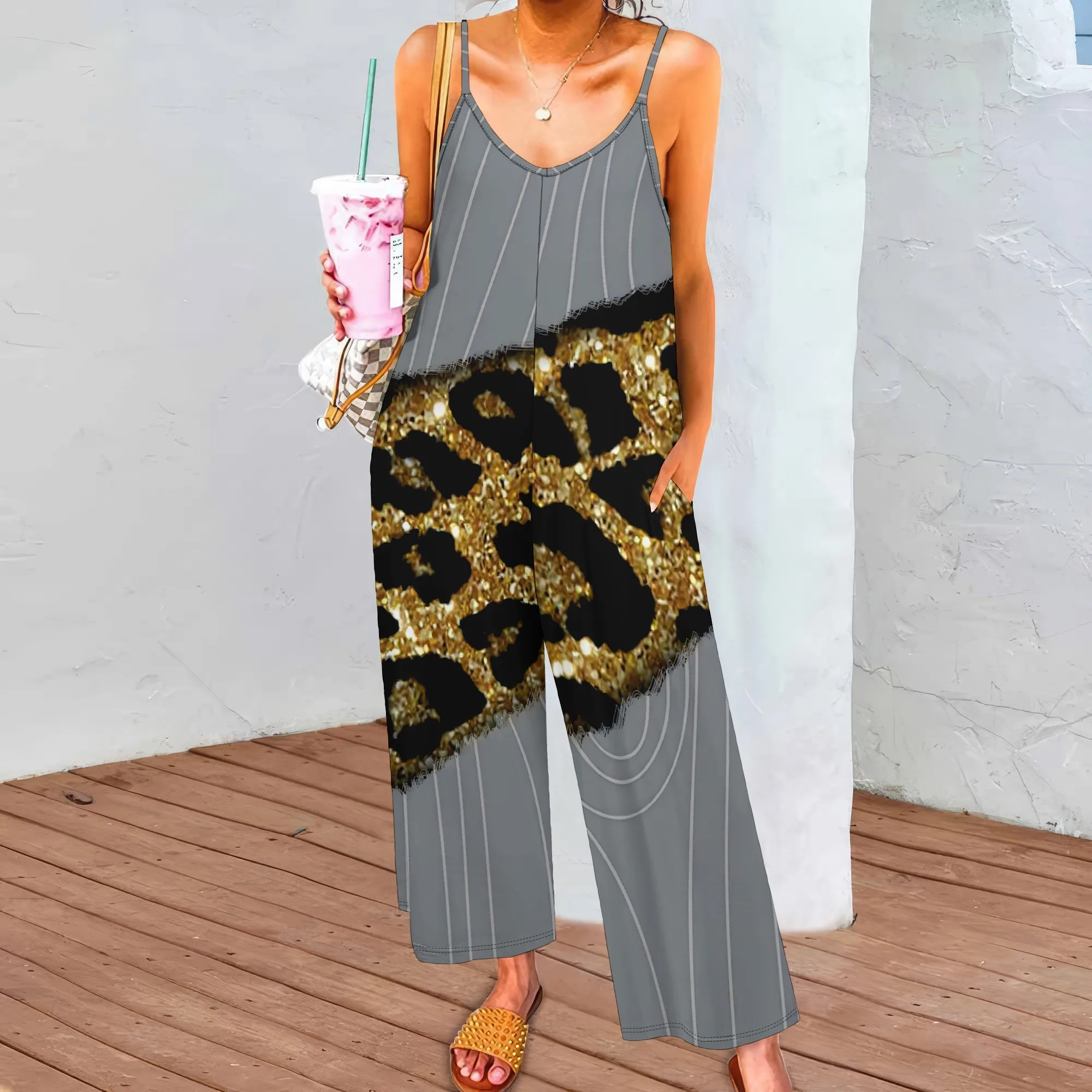 

EQQZD Women's Blue Floral Spaghetti Strap Pocket Jumpsuit Polyester Wide-Leg Ankle Party Spring Elegant