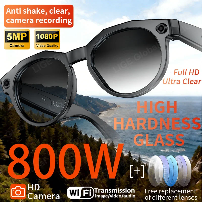 LIGE 5MP Camera AI Glasses Smart Translation Glasses 1080P Video Recording Voice Control Call Sunglasses Color Changing Lenses