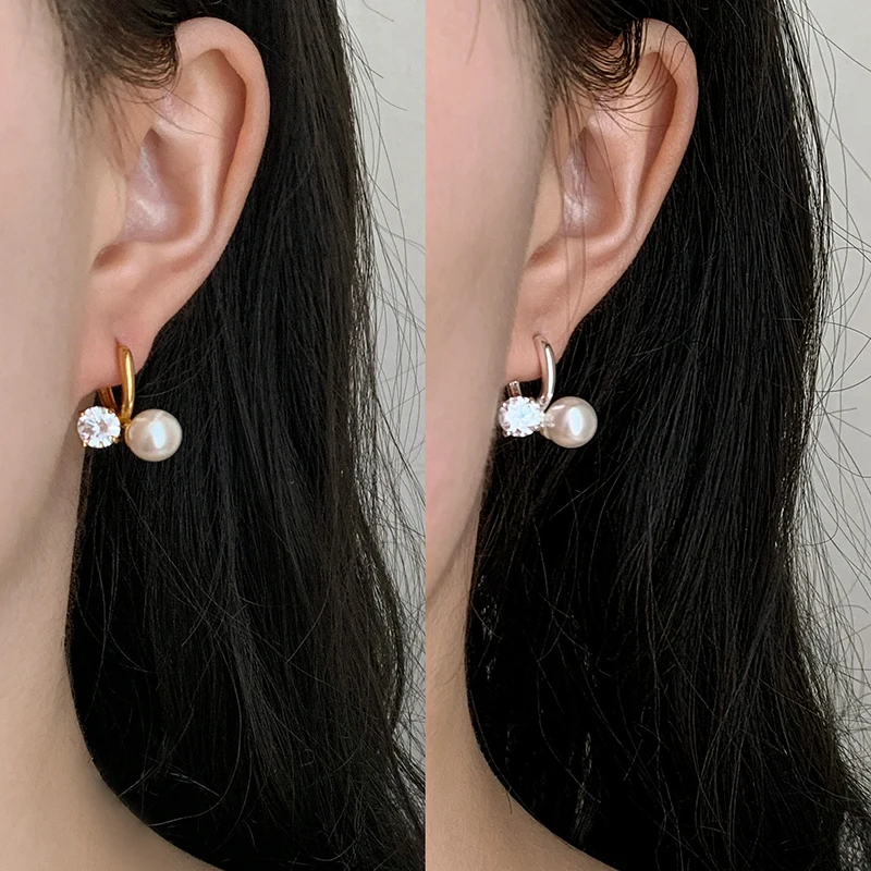 Pearl Zircon Earrings for Women Gold Silver Color Ear Cuff Dangle Hoop Earrings Copper Alloy Dainty Bridal Jewelry Gift for Her