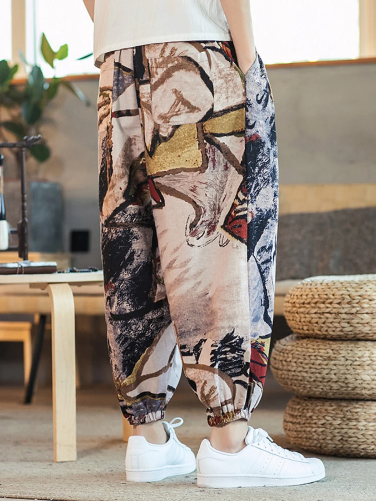 

Loose Men's Floral Linen Lantern Wide Leg Harlan Pants Casual Comfortable plus Size Youthful Sle Antifouling Thin Cotton