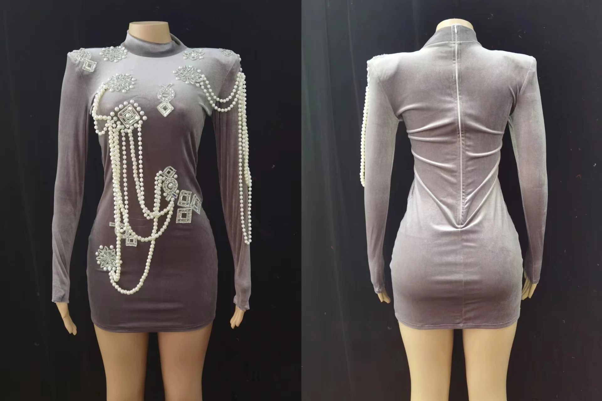 Designer fluwelen damesjurk met parelkettingen, diamanten kralen, lange mouwen, stijlvolle mode, hoge kwaliteit 2024-stijl