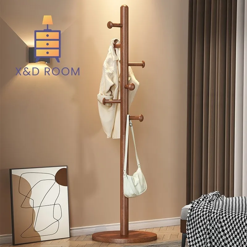 X&D Solid Wood Coat Rack, Floor Hanging Clothes Rack Simple Modern Bag Rack Bedroom Household Single Pole Vertical Drying Rack