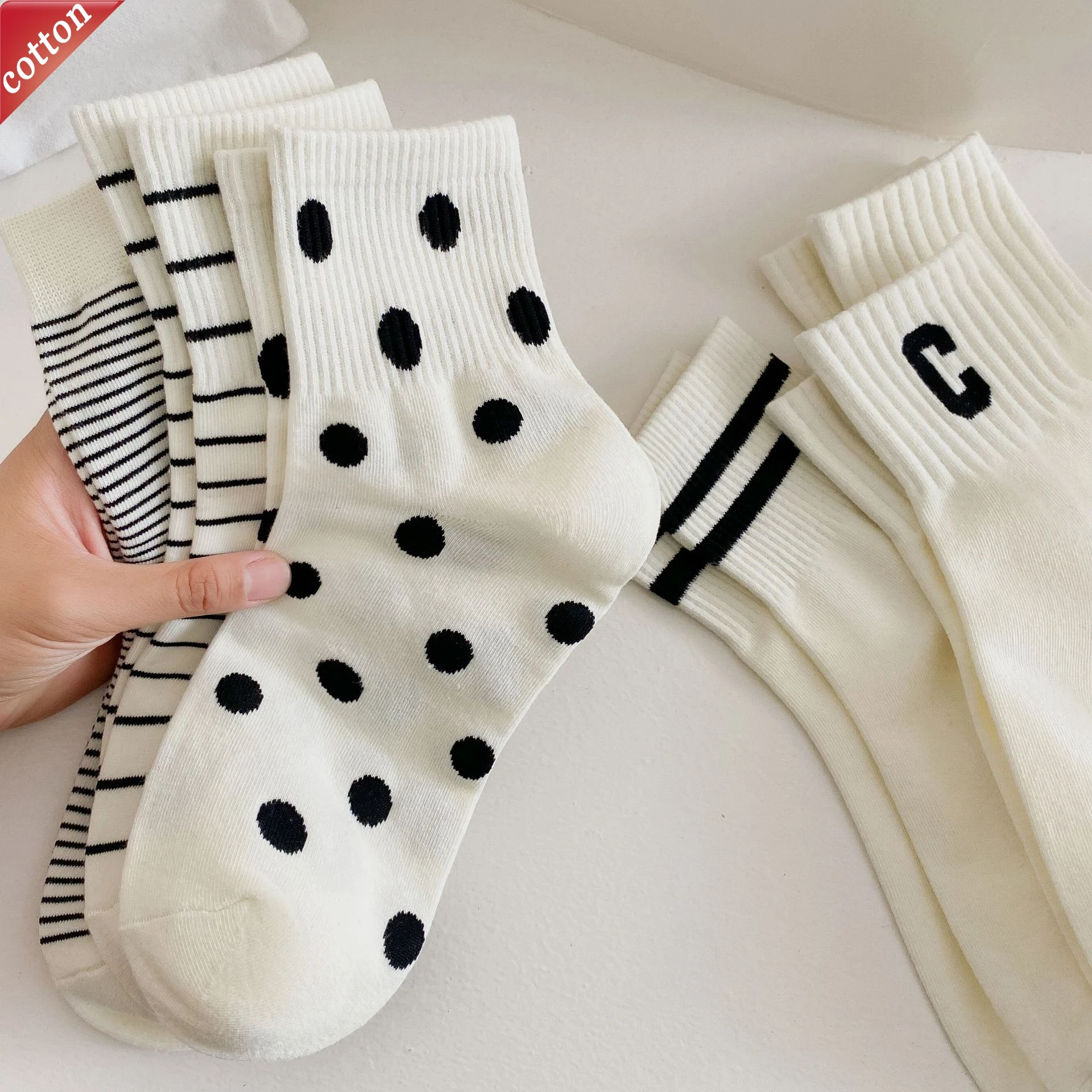

5 Pairs Women's Socks Set Korean Dot Stripes Kawaii Sweet Cute Preppy Style Versatile Comfortable Sports Cotton Socks For Girl
