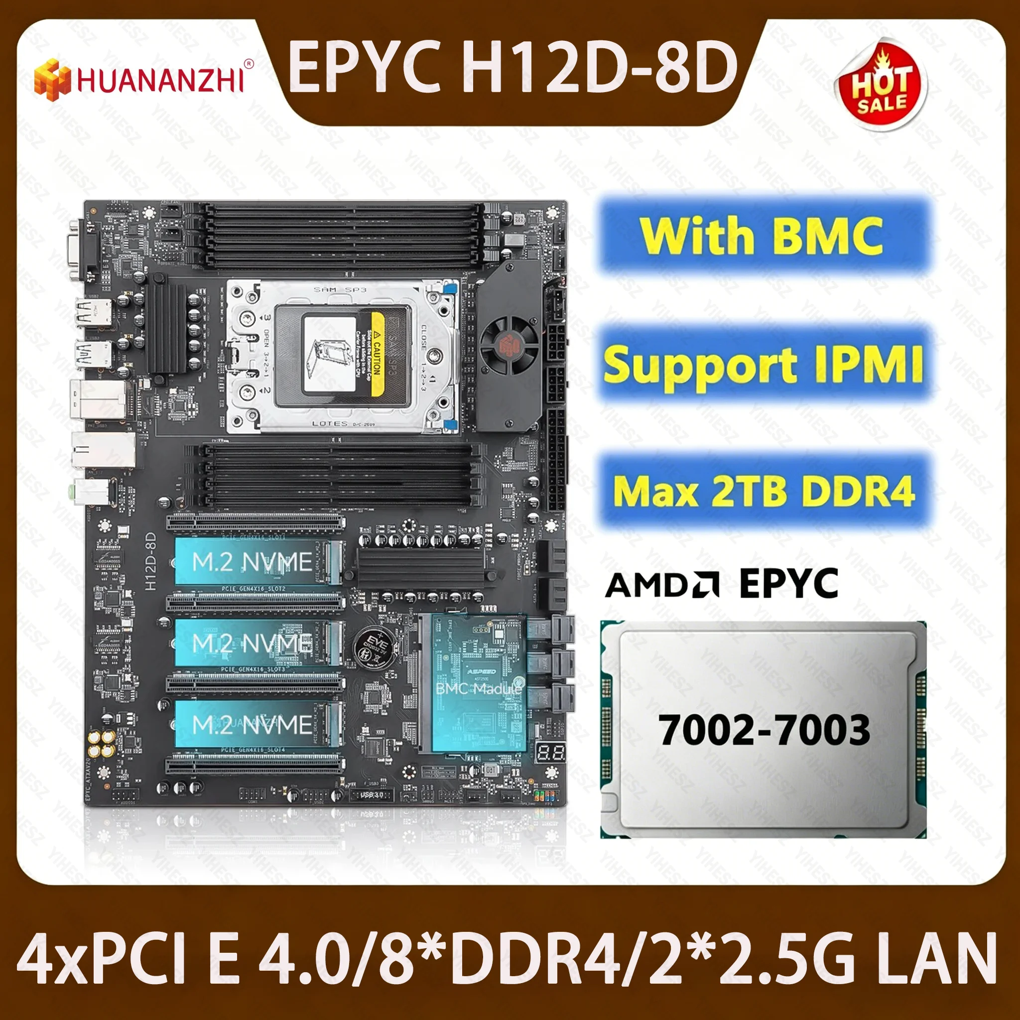 HUANANZHI H12D 8D Motherboard For AMD EPYC 7002 7003 Series CPU 8*DDR4 Max 2TB RAM Support Dual 2.5G Lan IPMI With BMC Module