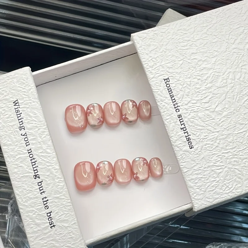 

10pcs Handmade Press on Nails Cat Eye Flower Flash Full Coverage Nail Pieces Short Oval Detachable Wearable Nail for Women&Girls