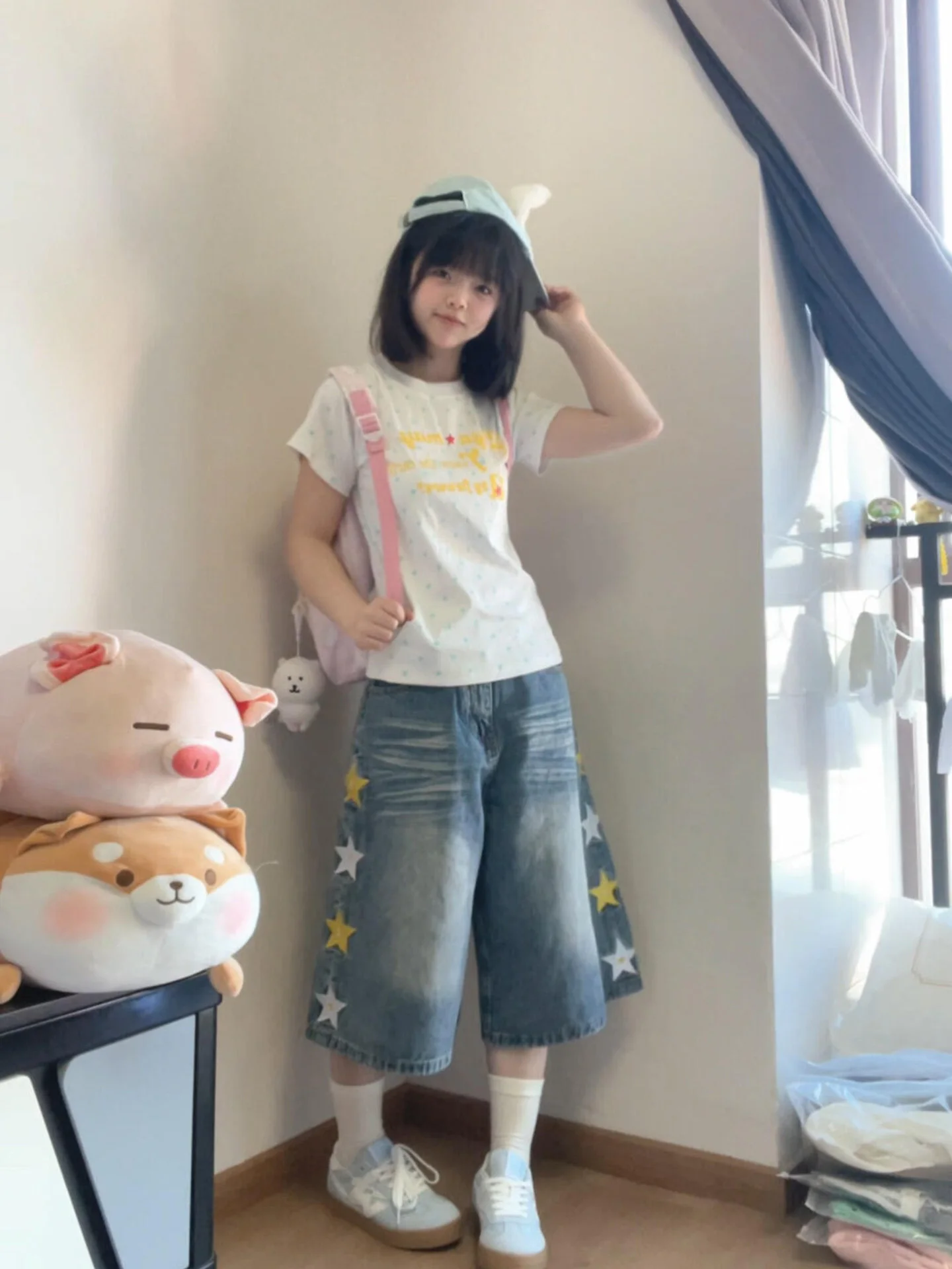 American Style Star Embroidery Washed Denim Seven-Foot Women's Summer New Loose Straight Wide Leg Shorts High Waist Zipper