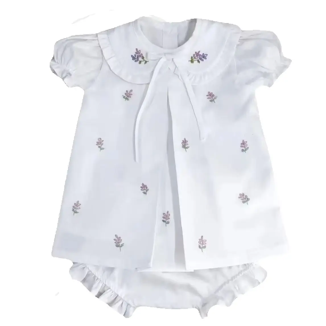 Baby Girl 2Pcs Outfit White Lavender Floral Embroidery Set for Casual Birthday Photography B705