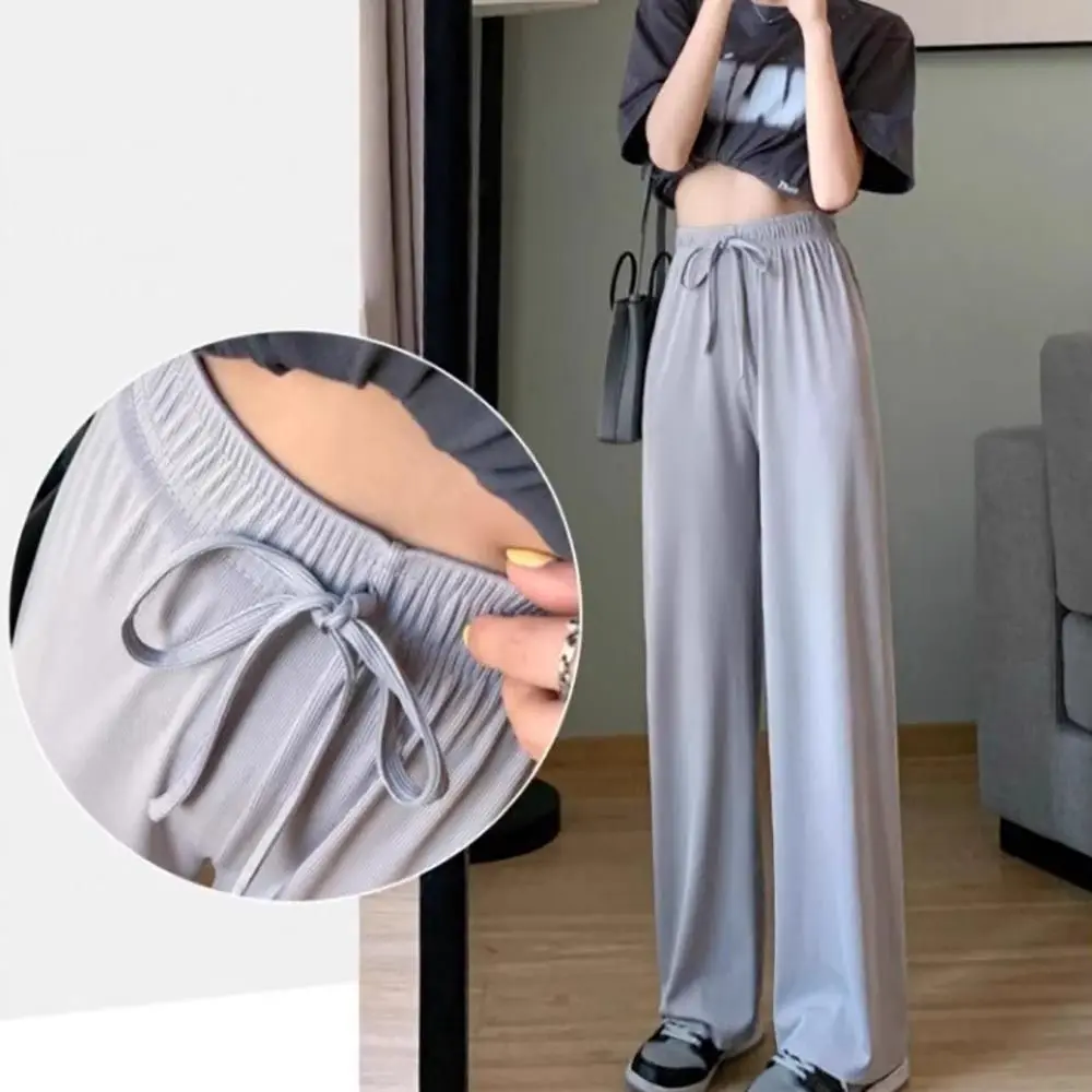 Solid Color Wide Leg Pants Loose Fit Thin Design Straight Leg Pants Summer Cool Elastic Waist High Waist Pants Casual Wear