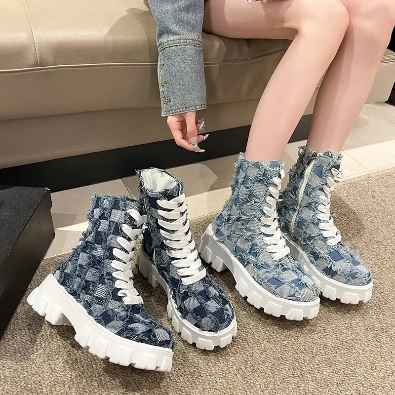 Woman Denim Boots Autumn Korean Fashion Platform Boots Classics Chessboard Pattern Laced Up Rubber Cowboy Shoes for GIRLS Cheap