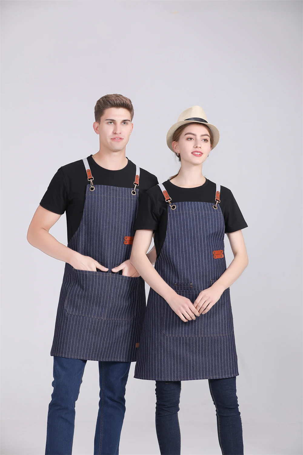 New Fashion Denim Kitchen Apron With Pocket Adjustable Hairdresser Chef Coffee Restaurant Server Aprons Overalls for Women Men