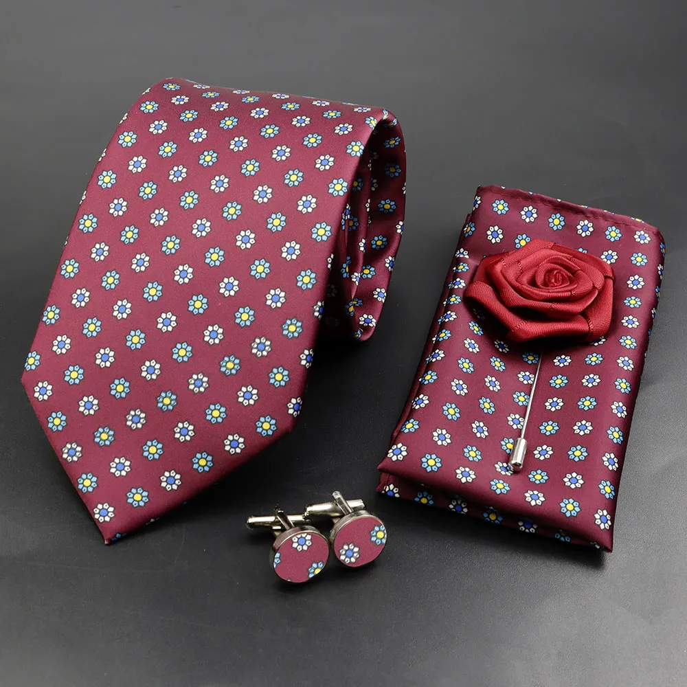 Men's Fashion 7.5cm Soft Silk Tie Set With Pocket Square Cufflinks Boutonniere Blue Green Orange Dot Floral Necktie For Wedding