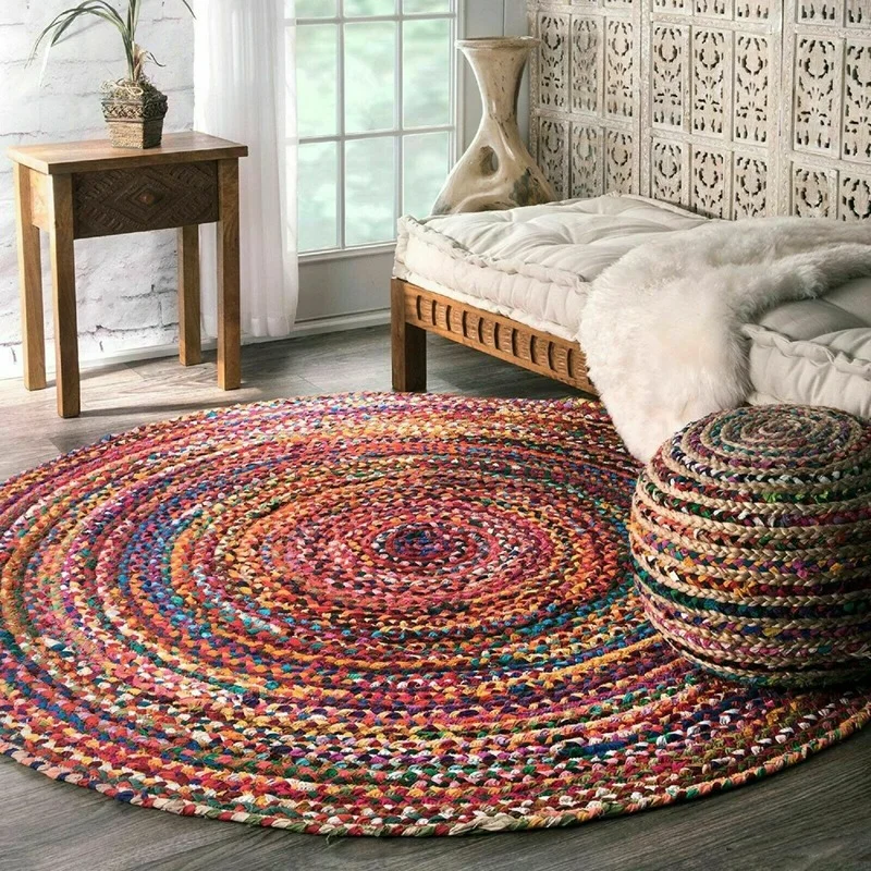 

Handmade Rug Round Carpet Reversible Multicoloured Area Rugs Pastoral Retro Look Rugs for Home Living Room