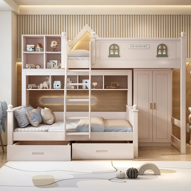 

Full solid wood upper and lower bunk beds Interlaced non-interfering siblings bed