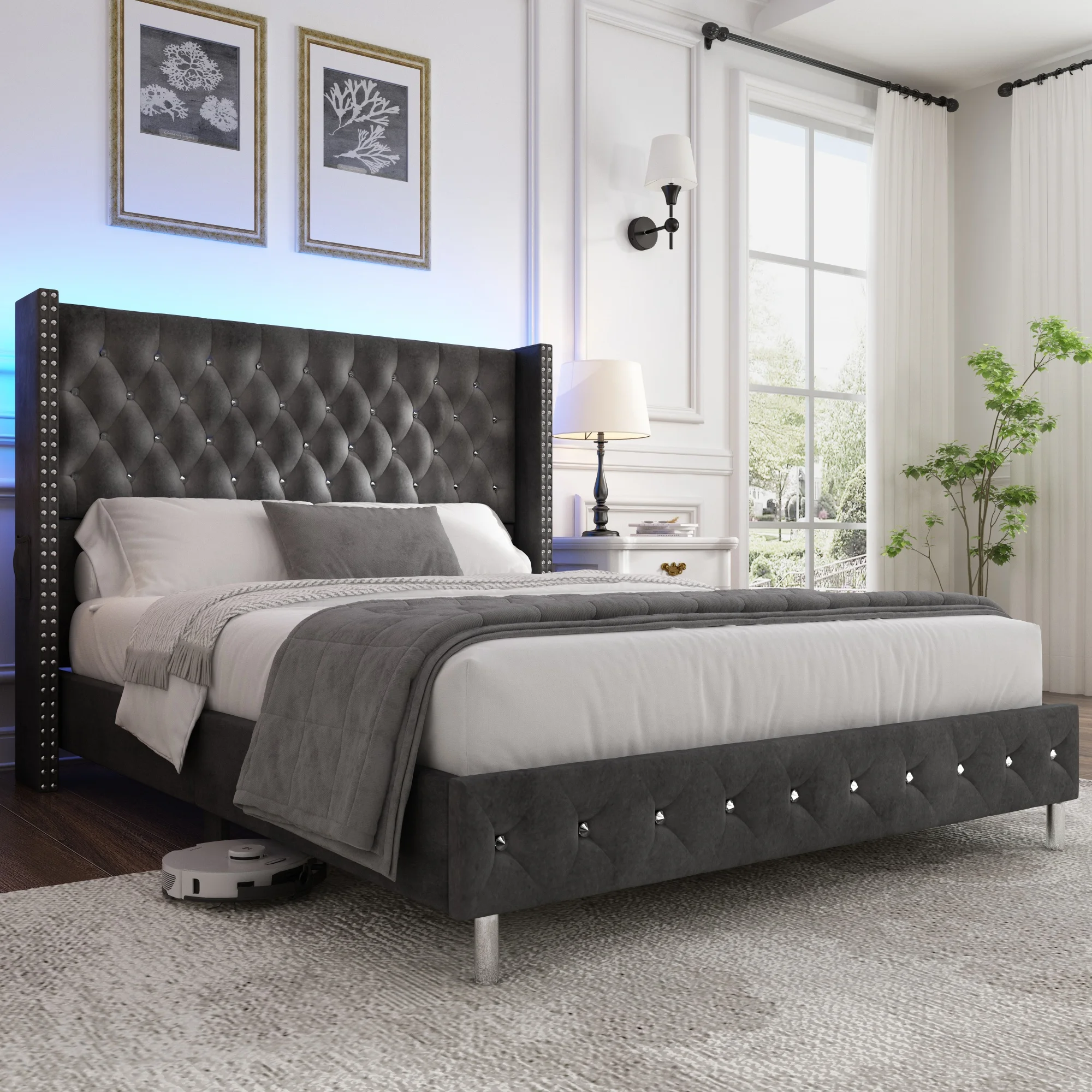 Bed Frame Queen Size with Wingback Headboard & LED Lights & Charging Station Modern Upholstered Platform with Diamond Button Tuf