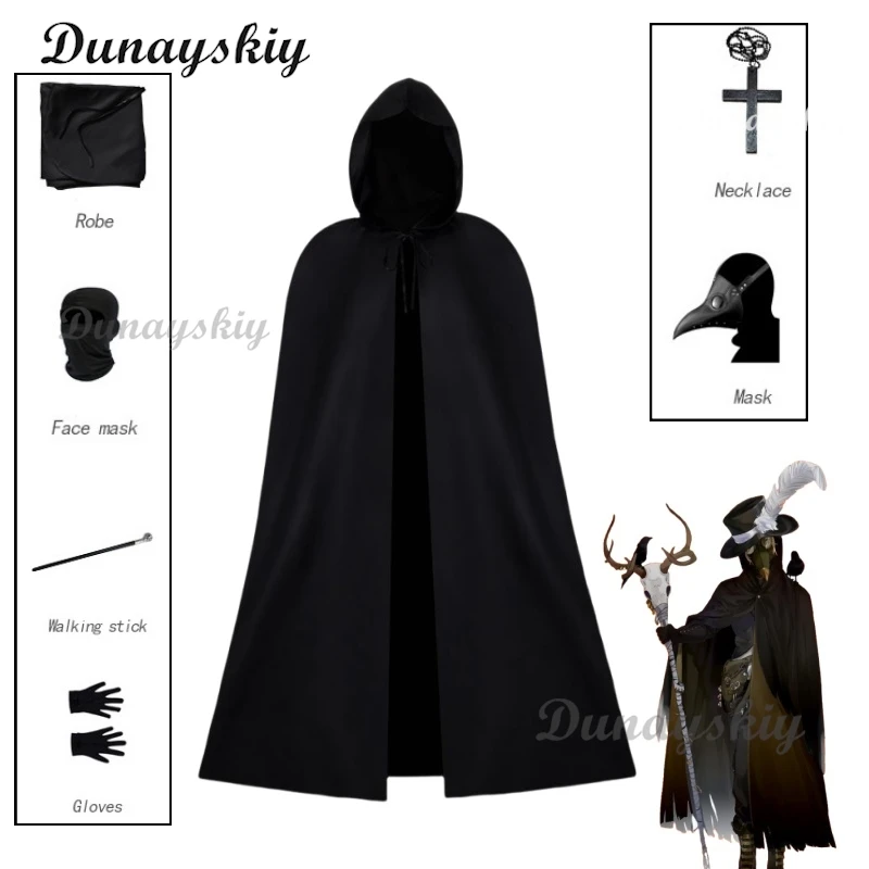 Disfraz Medieval de la peste, capa de Cosplay de Doctor Schnabel, máscara de pico largo, bata cruzada, mujer, hombre, gabardina negra para Halloween