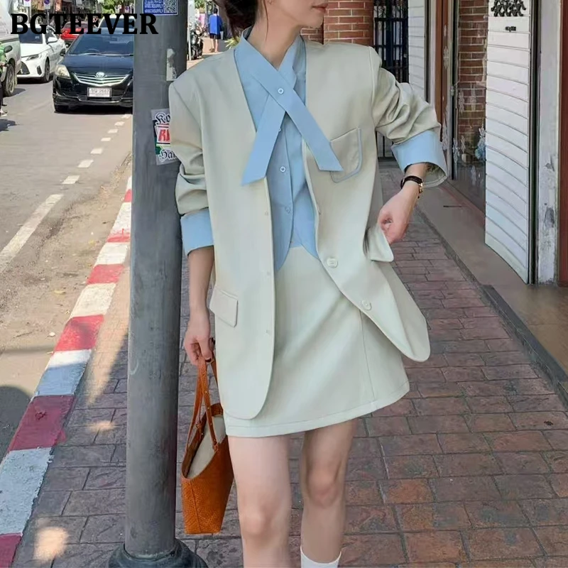 BGTEEVER Spring Women Skirt Suits Long Sleeve Patchwork Blazer Female Mini Skirts 2 Pieces Ladies Blazer Set