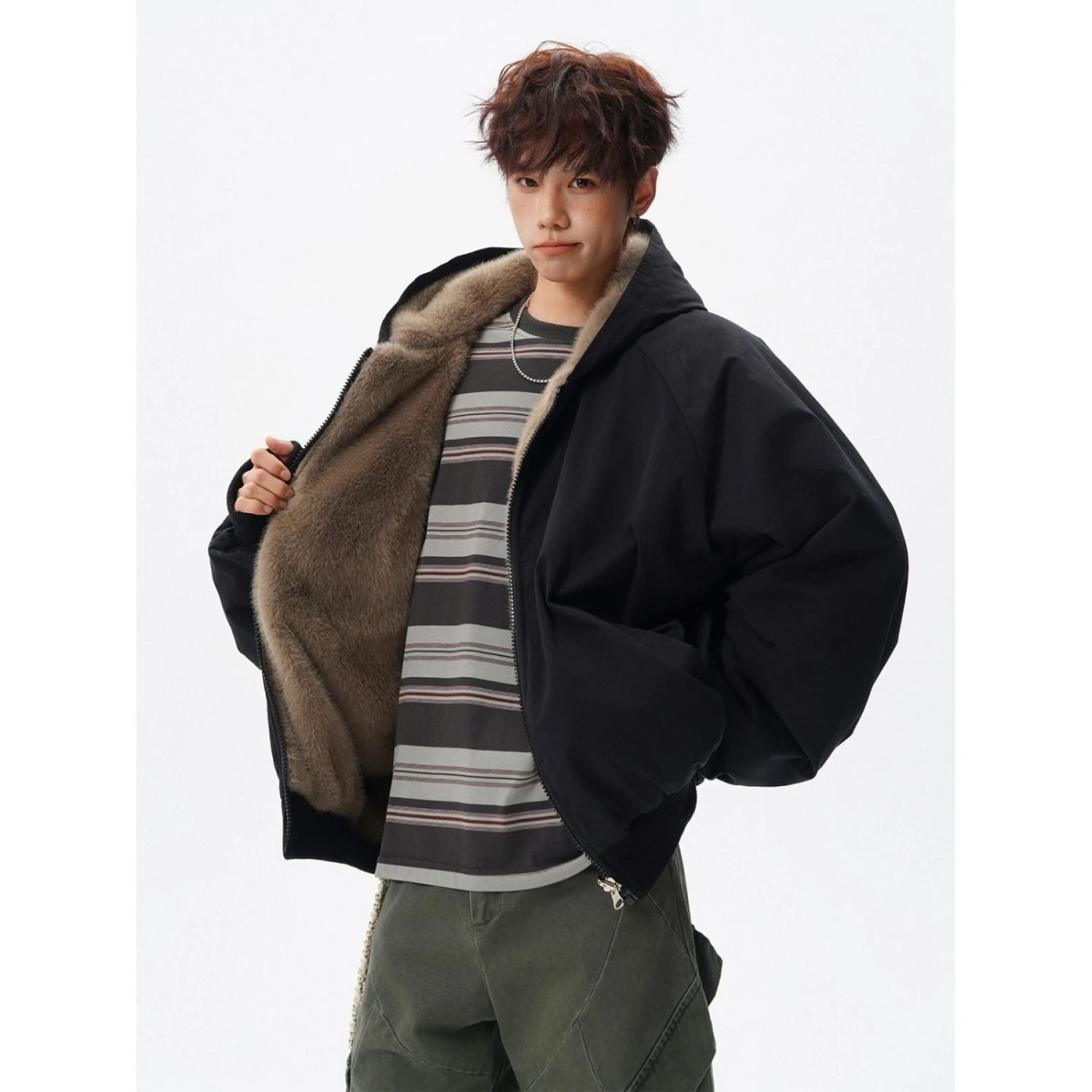 

Trendy Double-Sided Wearable Rabbit Fur Cotton Jaet for Men Winter American Sle Warm Hooded Cotton Coat Retro Versatile C...