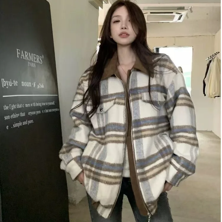 

American Retro Woolen Plaid Jacket for Women's 2025 Autumn and Winter New Loose Couple Casual Jacket Trendy Top