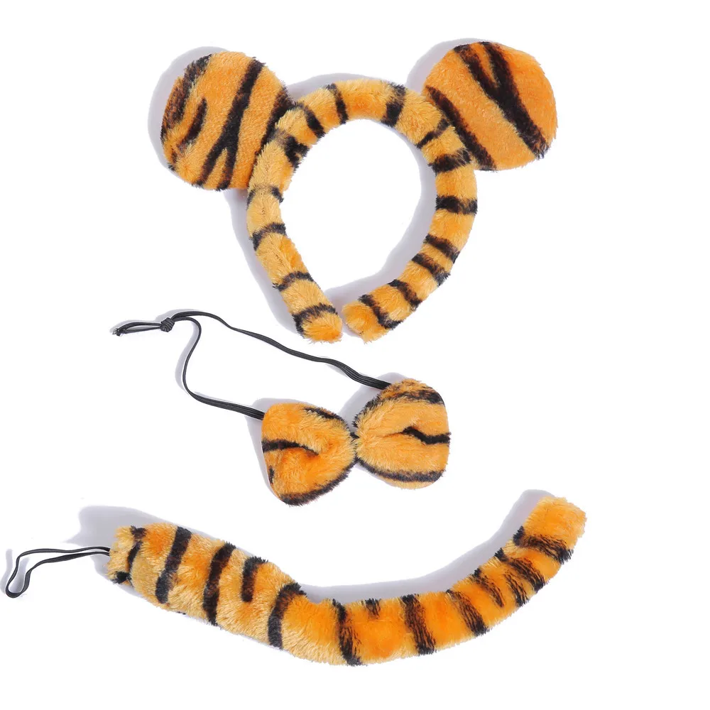 Leopard Tiger Plush Headband Animal Ear Three Pcs Kit Spotted Pattern Furry Accessory Gala Holiday Soft Fluffy Costume Ornament