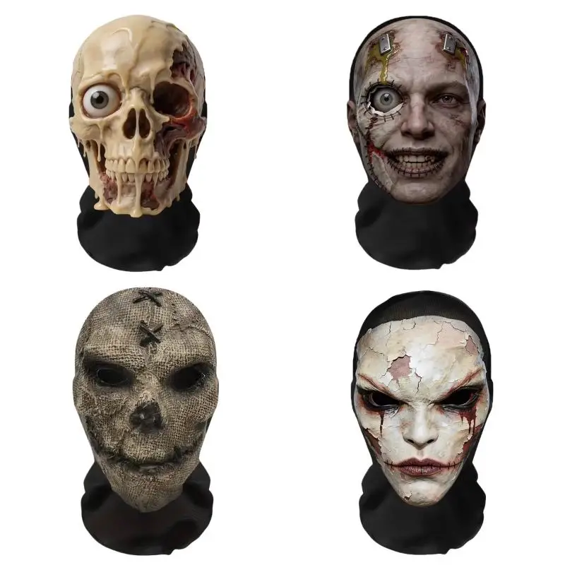 【1Pc Horror Skull Zombie Full Face Mask Breathable Mesh Headgear Cosplay Prop For Halloween Party Prank Carnival Costume】