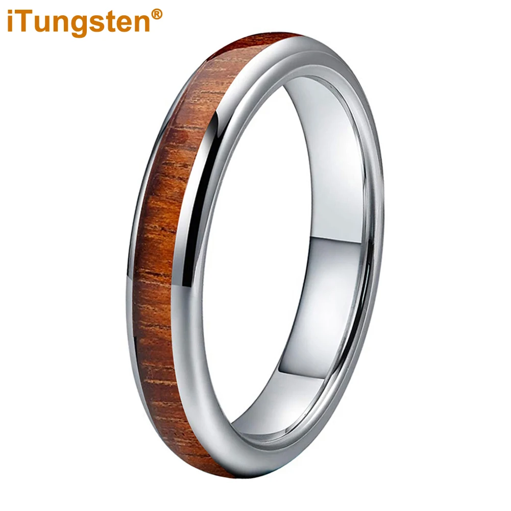 iTungsten 4mm Men Women Koa Wood Ring Nice Tungsten Wedding Band Domed Polished Trendy Jewelry Comfort Fit