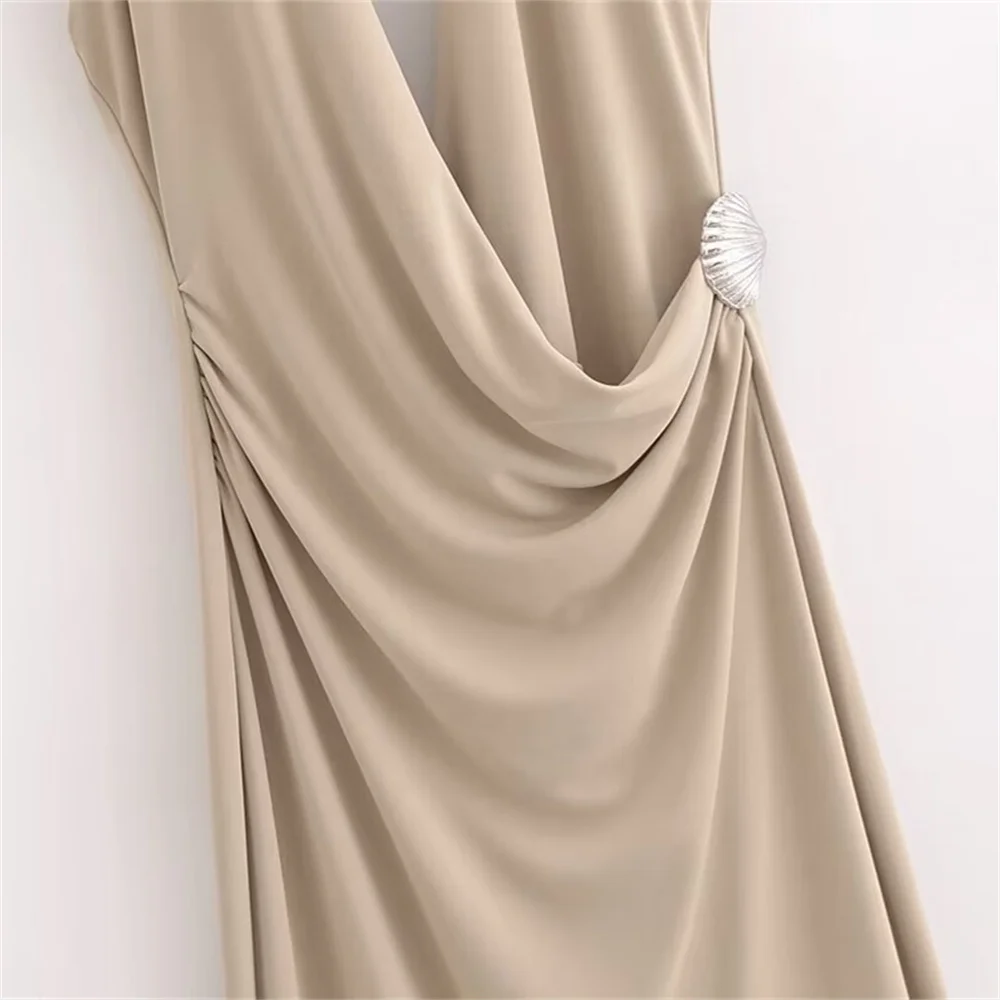 BMURHMZA Autumn New Product Women\'s Fashion Style Slimming V-neck Hanging Neck Outbacked Shell Decoration Long Dress