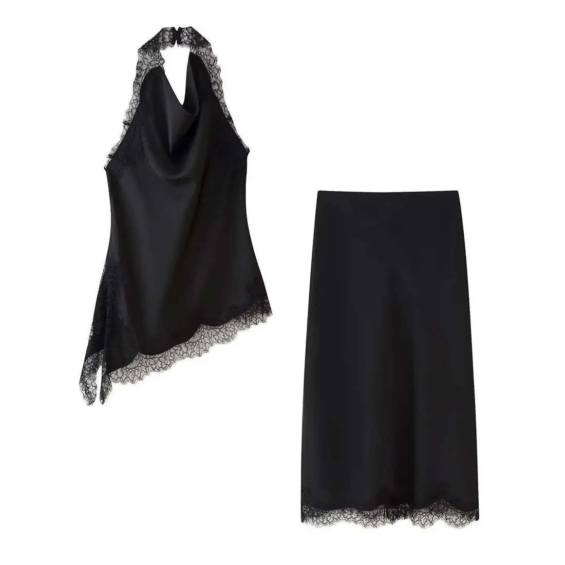 

Женский комплект из кружевного топа и юбки с бретелькой на шее, комплект из атласной текстурированной ткани, новинка 2025 года, модный наряд с вырезом