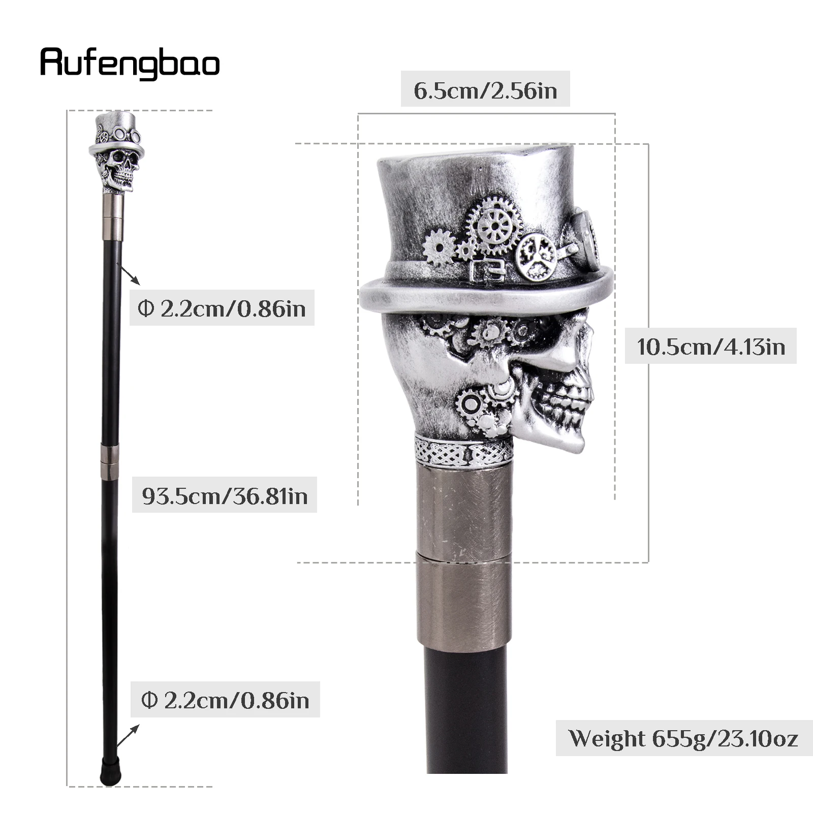 White Hat Gear‌ Skull Head Walking Cane Fashion Cane Decorative Cane Halloween for Cosplay Parties, for Cosplay & Party 93cm view 2