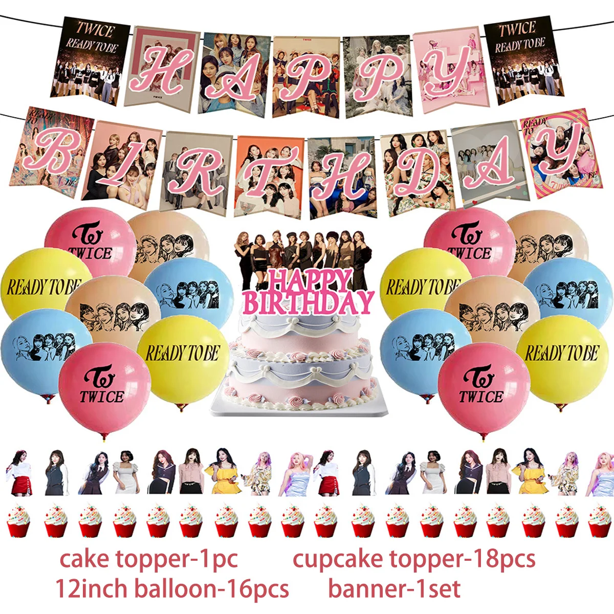 KPOP Twice Theme Girl's Birthday Party Supplies Decor Singing Star Balloon Banner Backdrop Cake Topper Kids Baby Shower Gifts