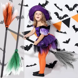 Kid Witch Broom Plastic Prop Cosplay Flying Broomstick Magic Enchanter Sorceress Halloween Carnival Party Costume Decor Colorful