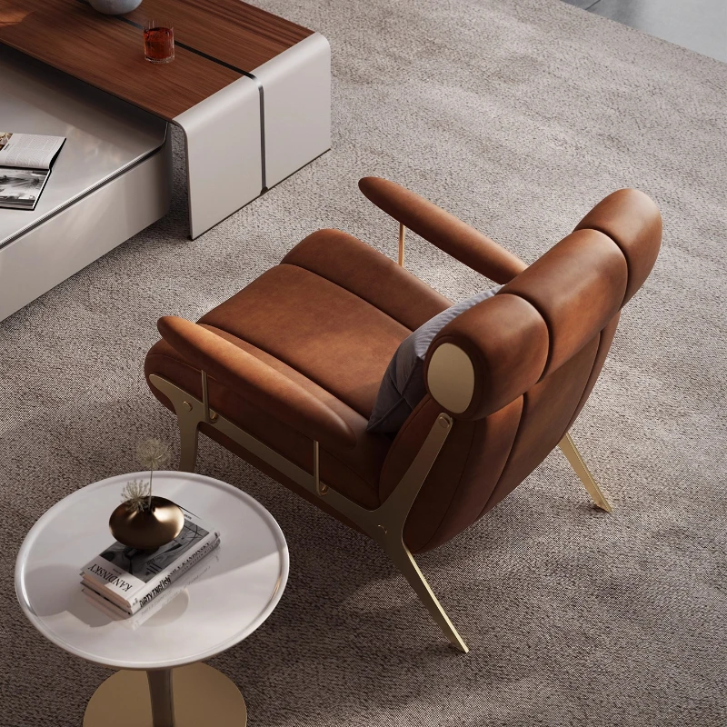 

Light luxury all-leather leisure chair, large flat-floor living room home designer single sofa chair