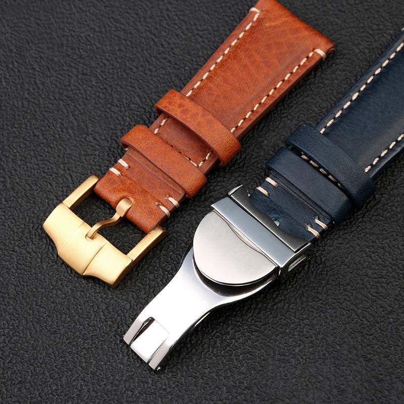 Tali Kulit Sapi Italia Premium untuk Jam Tangan Kulit Antik Bunga Merah Kecil Teluk Hitam Perunggu Tudor Tali Jam Tangan 22Mm Gaya Gesper Lipat