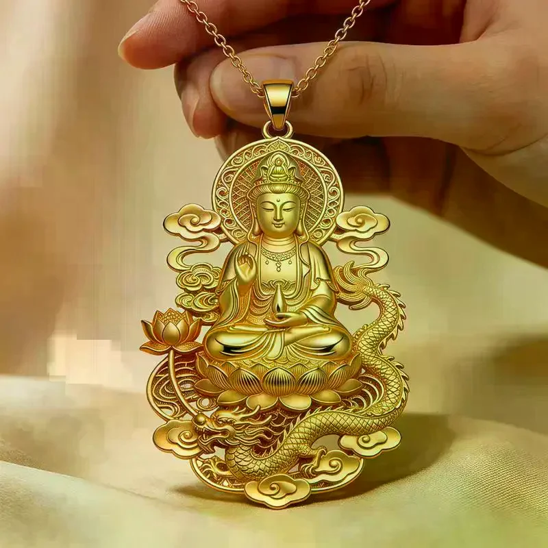 Gold Plated Guanyin Pendant Necklace With Carved Dragon And Lotus Patterns For Daily Wear And Gifting Collection