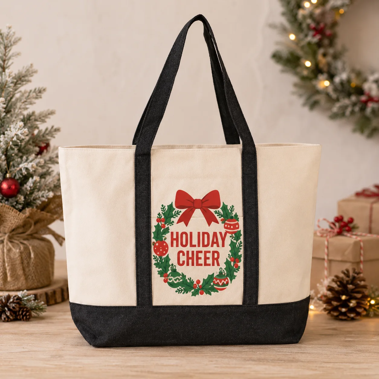 Holiday Canvas Tote Bag Christmas Wreath Pine Add Name Photo Message Large Capacity Shoulder Tote For Women Family Party Gifts