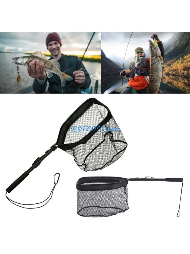 

G6DE Fishing Net Rubber Fish Landing Net Rod EVA Handle Aluminum Alloys Mini Dip Fish Net with Elastics Net and Carabiner